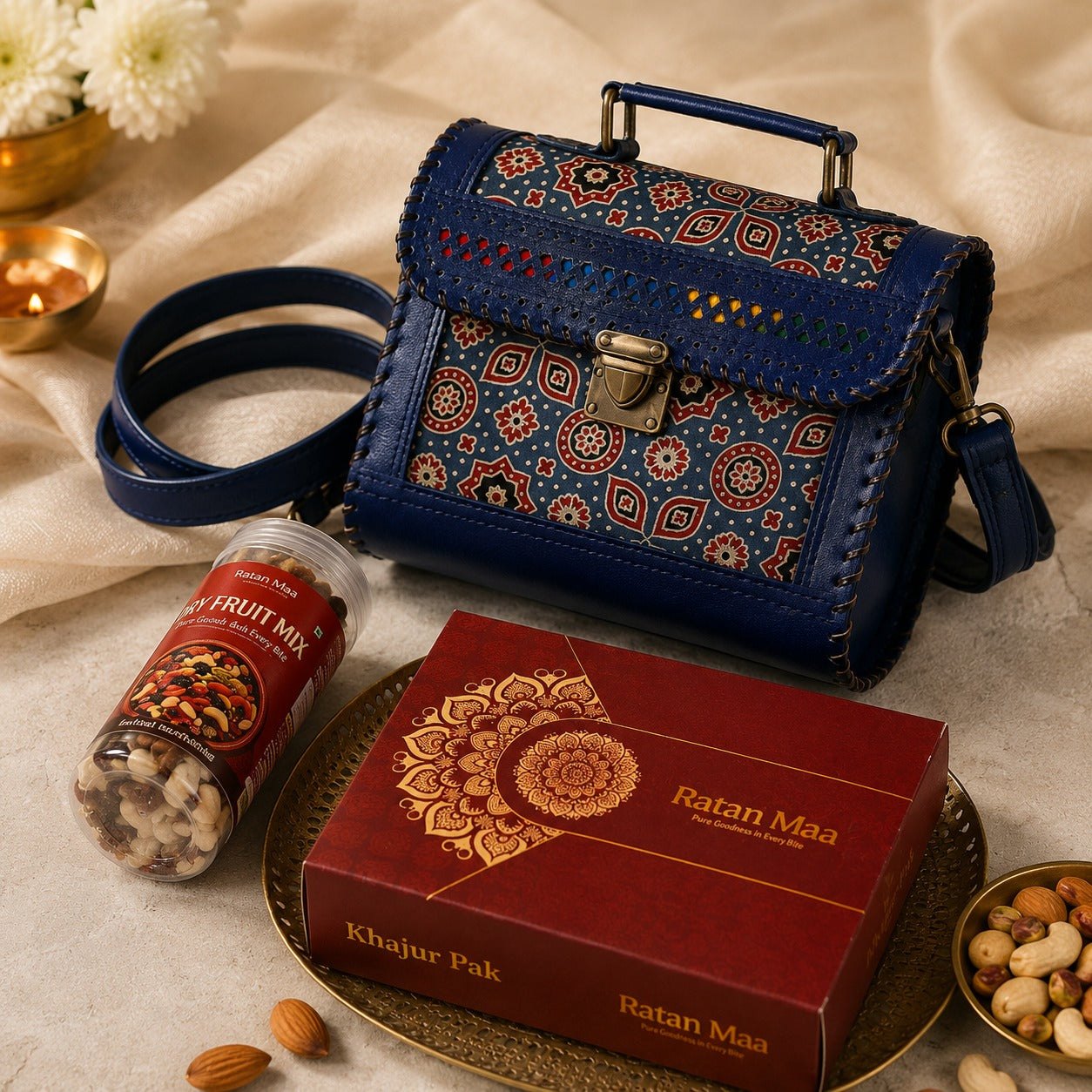 Gift Your Sister - Genuine Leather Purse, Khajur Pak ( 400 g ) , Mix Dryfruit ( 150g )