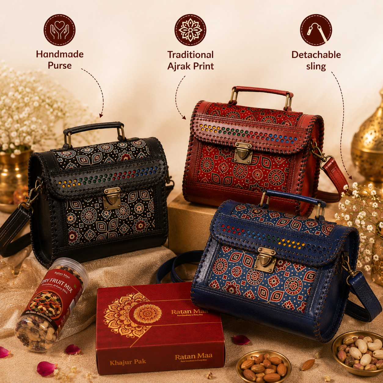 Gift Your Sister - Genuine Leather Purse, Khajur Pak ( 400 g ) , Mix Dryfruit ( 150g )