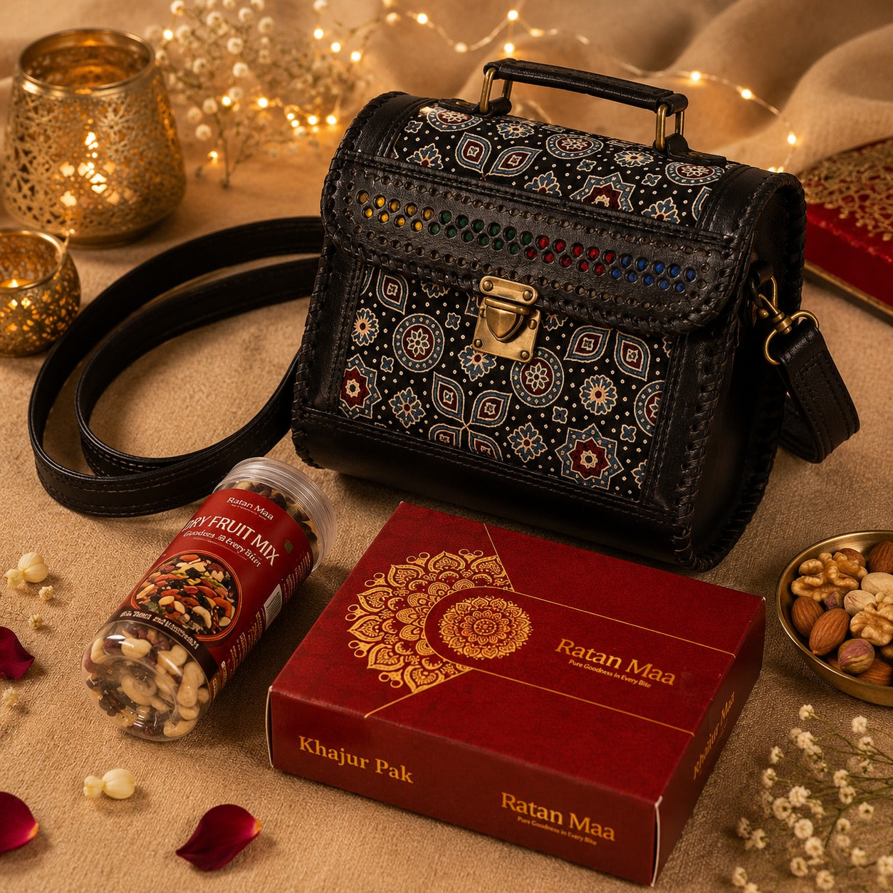 Gift Your Sister - Genuine Leather Purse, Khajur Pak ( 400 g ) , Mix Dryfruit ( 150g )